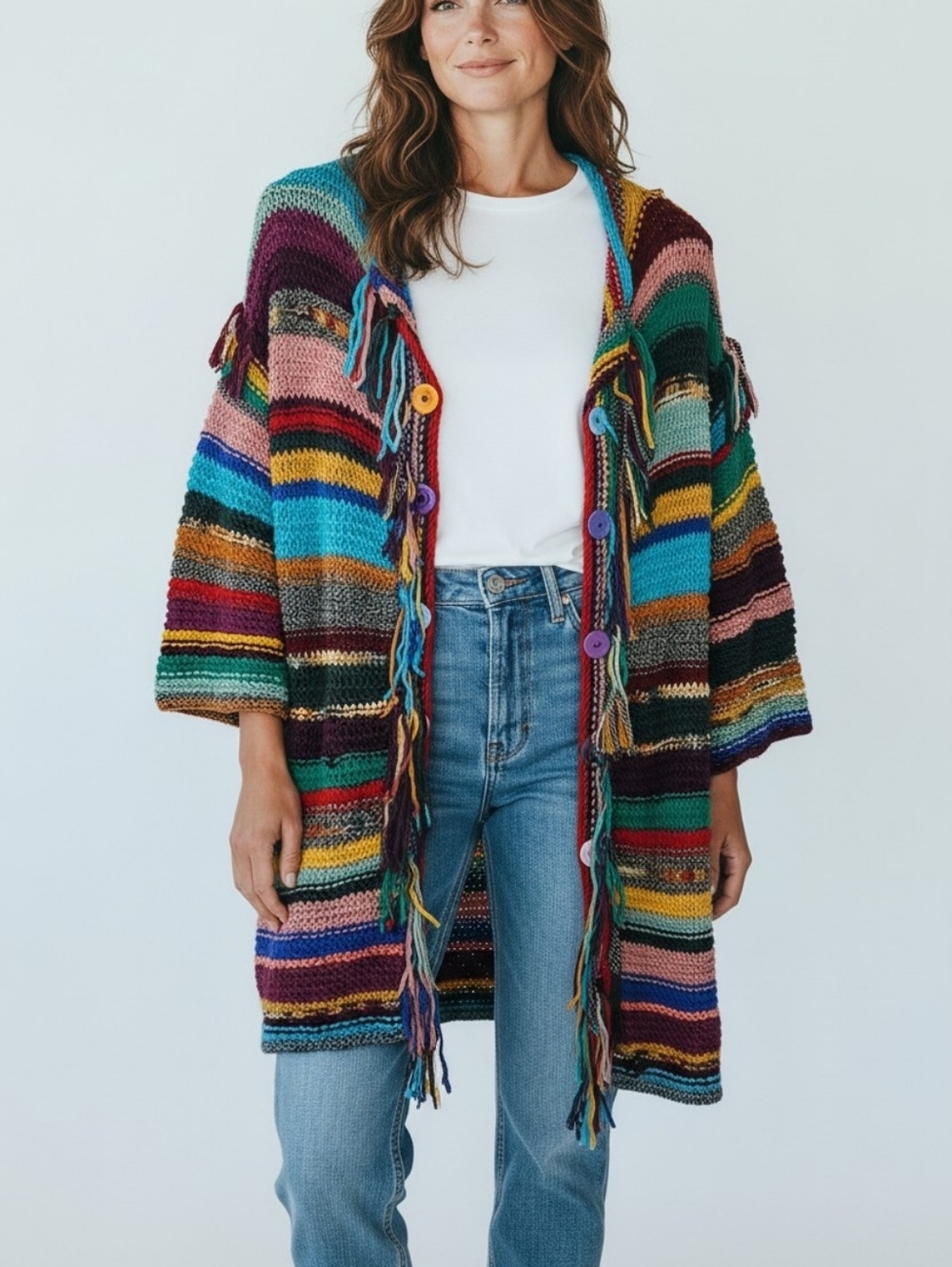 Handknit Fringed Sweater Coat One Size Rainbow Scrappy Coat Of Many Colors